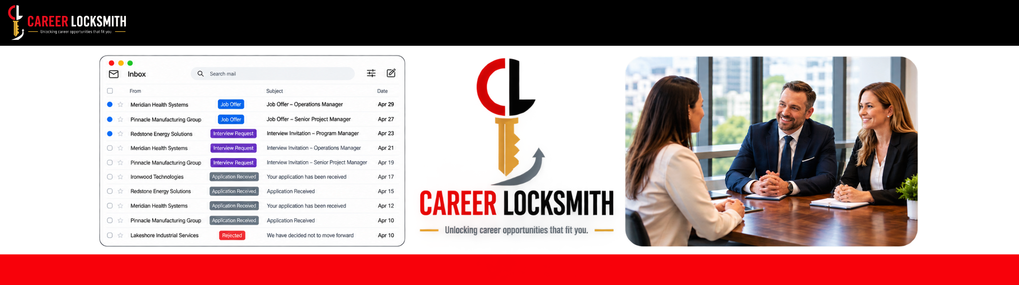 A job-search progression from applications and interviews to job offers, alongside the Career Locksmith logo and an interview meeting.